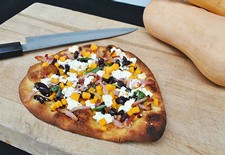 Butternut Squash Flatbread with Bacon, Black Olive & Goat Cheese