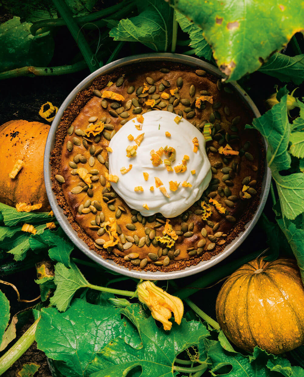 Butternut Squash Pie with Bourbon Cream with Squash Blossoms  