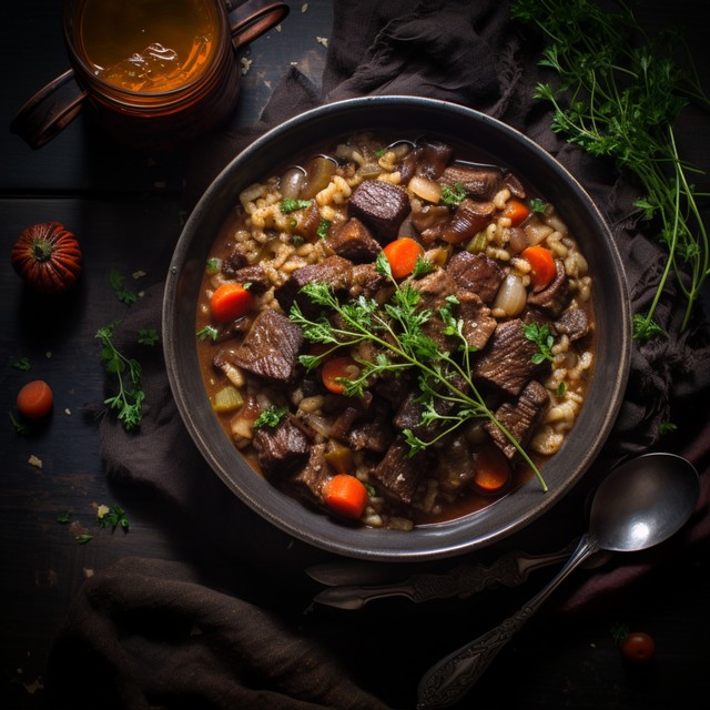 Beef and Barley Soup with Niagara Root Vegetables and Norfolk Mushrooms