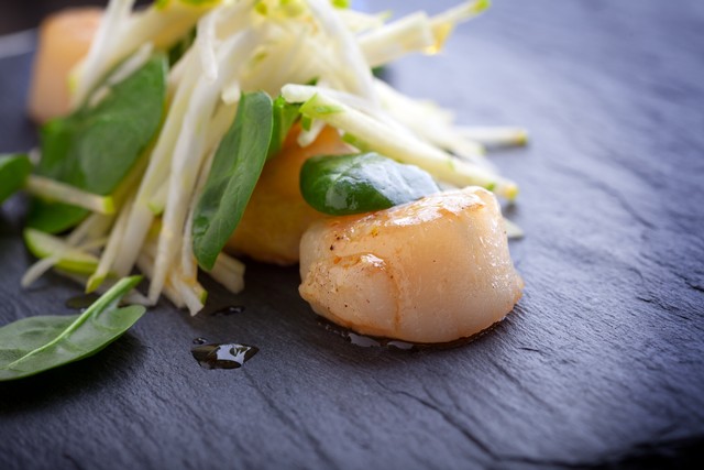 Seared Sea Scallops with Apple Celery Slaw & Riesling Vinaigrette